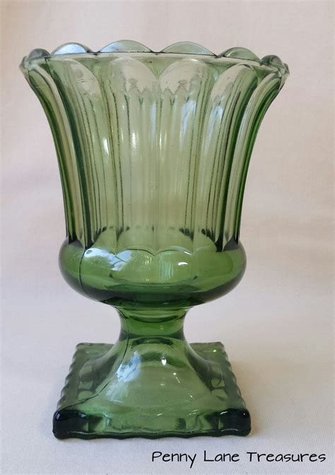 vintage glass fluted pedestal vase ~ dark green ~ urn ~ 1970 s
