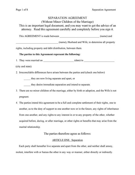 separation  property settlement agreement template