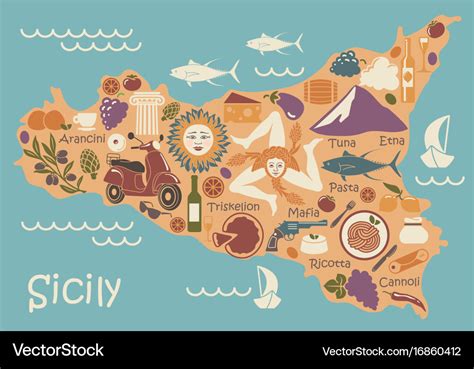 Stylized Map Of Sicily With Traditional Symbols Vector Image Porn Sex