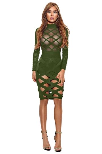high neck long sleeve hollow out see through midi club dress olive green pink queen