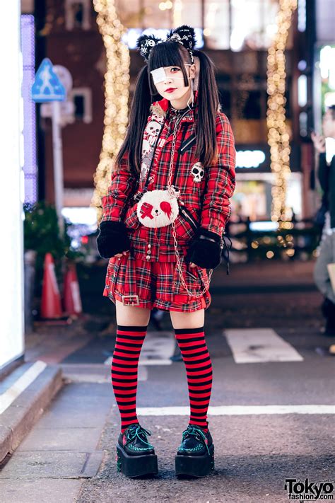 harajuku goth girl in red plaid street fashion w twin tails cat ears