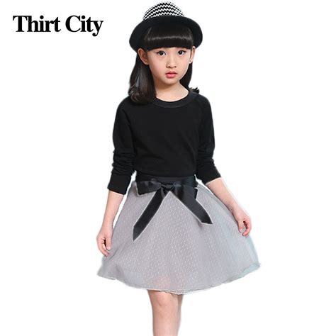 buy  autumn winter  girl clothing set solid long sleeve black topskirt