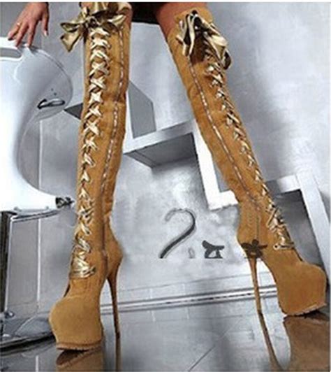 Ladies Sexy Round Toe Lace Up Over Knee High Platform