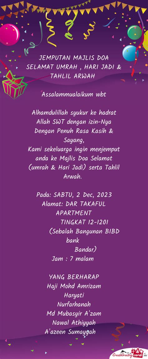 Jemputan Majlis Doa Selamat Umrah Hari Jadi And Tahlil Arwah Free Cards