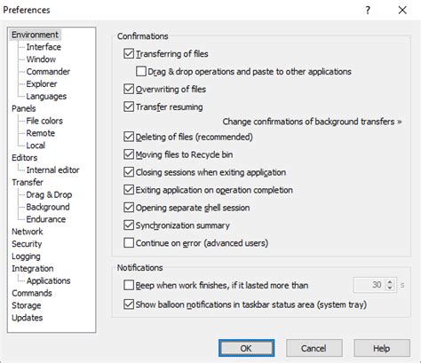environment page preferences dialog winscp
