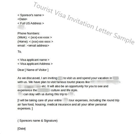 sample  invitation letter  tourist visa  letter template
