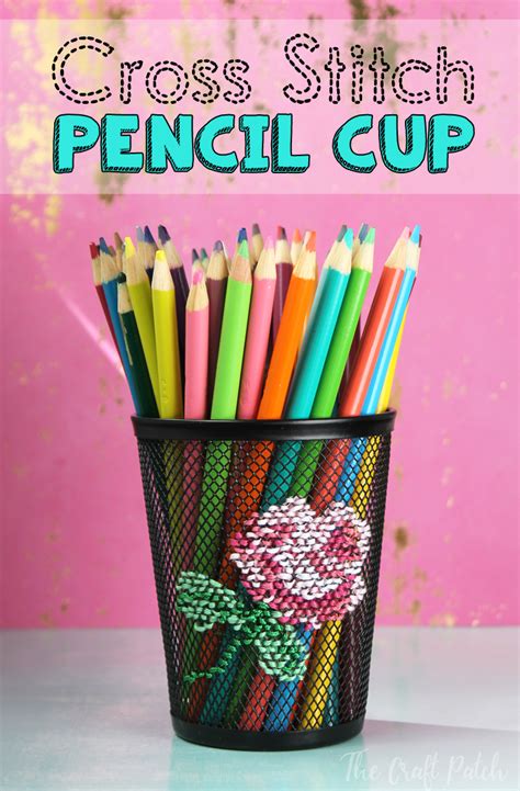 cross stitch embroidered pencil cup