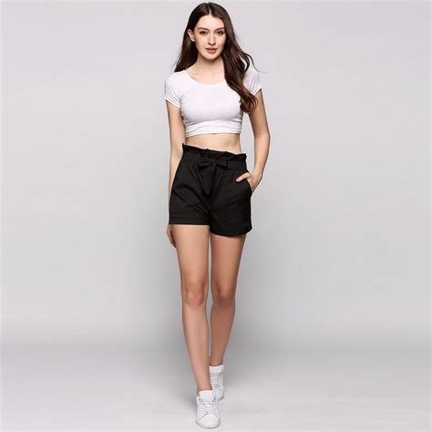 2017 women summer style solid 2 colors high waist pleated slim bow