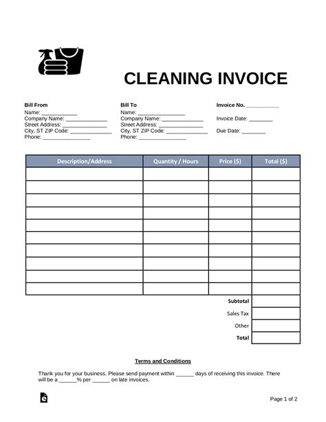 printable cleaning invoice template printable templates