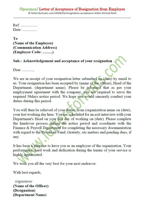 letter  acceptance  resignation  employer sample