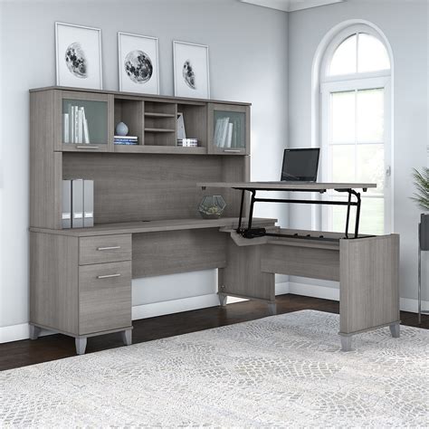 72w 3 Position Sit To Stand L Shaped Desk With Hutch In Platinum Gray