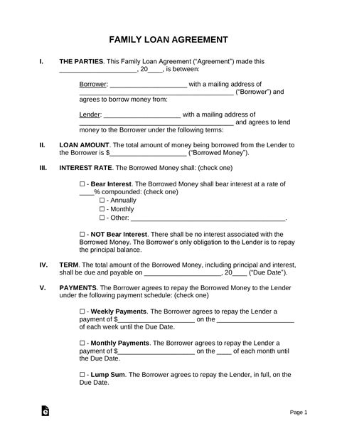 family loan agreement template  word eforms