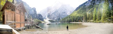 panoramic view of the magical lake di braies dolomites italy stock