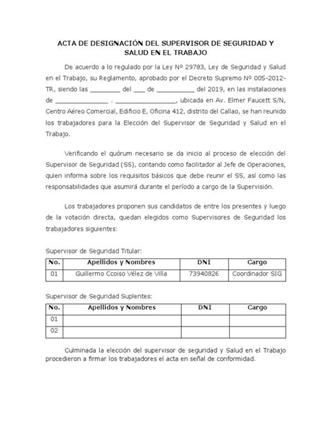 Acta De Nombramiento De Supervisor De Seguridad Y Salud En El Trabajo