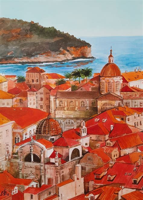 city dubrovnik croatia art  gabriela calinoiu urban watercolor travel art