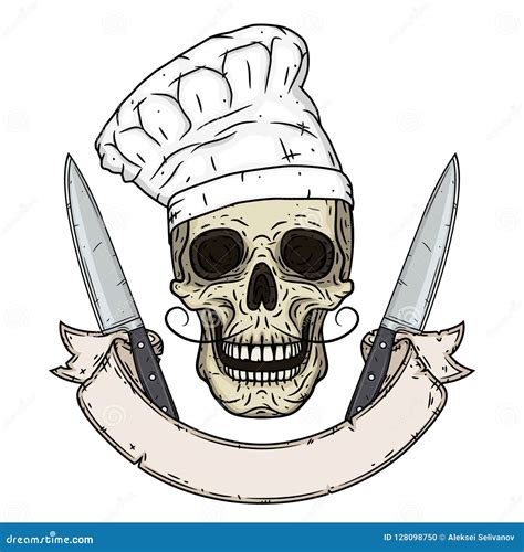 skull   chef hat cartoon skull chef skull  ribbon
