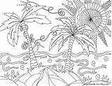 Coloring Beach Doodle Pages Alley Tropical Printable Summer Adult Sheets Colouring Simple Palm Adults Color Scene Nature Kids Trees Book sketch template