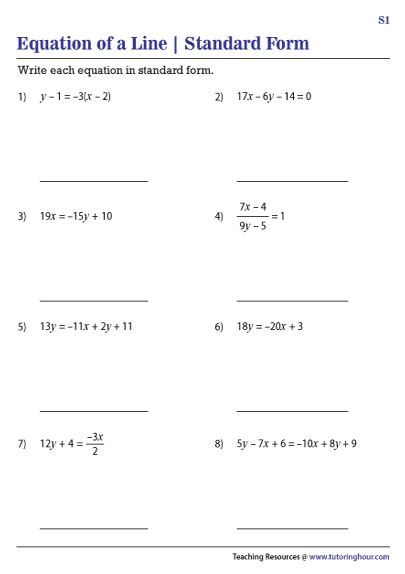 standard form   linear equation worksheets