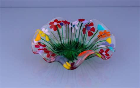 Fused Glass Colourful Flower Fluted Dish Floral Bowl Floral Bowls