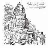 Cambogia Angkor Tempio Stile Incisione Manifesto sketch template