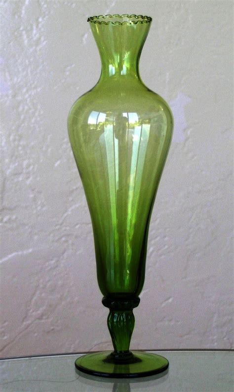 Footed Tall Green Glass Bud Vase