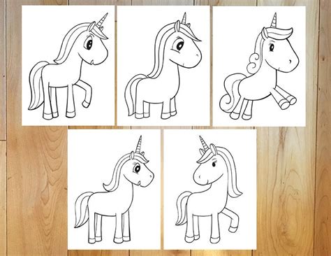 cute unicorns coloring page set downloadable  files etsy