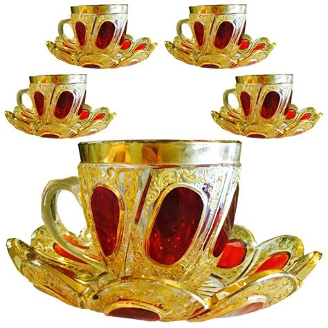 Five Exceptional Moser Glass Cups And Saucers Two Colors Circa 1900