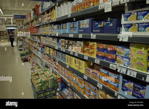 carrefour supermarket food aisle displaying products  malaga spain stock photo alamy