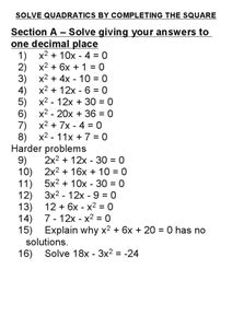 solve quadratics  completing  square   grade worksheet