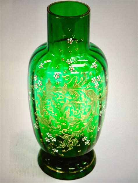 Antique Large Green Glass Hand Painted Vase