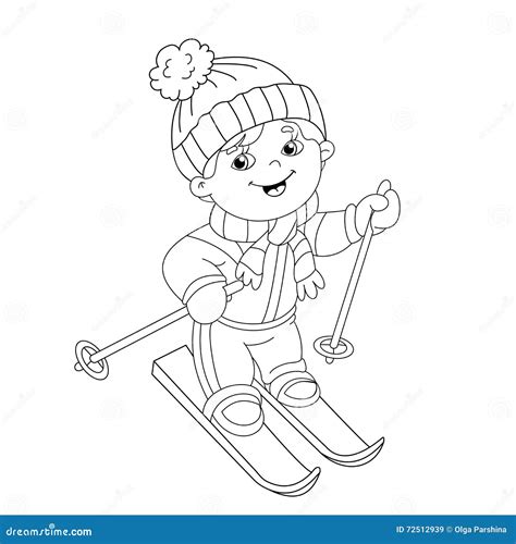 coloring page outline  cartoon boy riding  skis stock vector