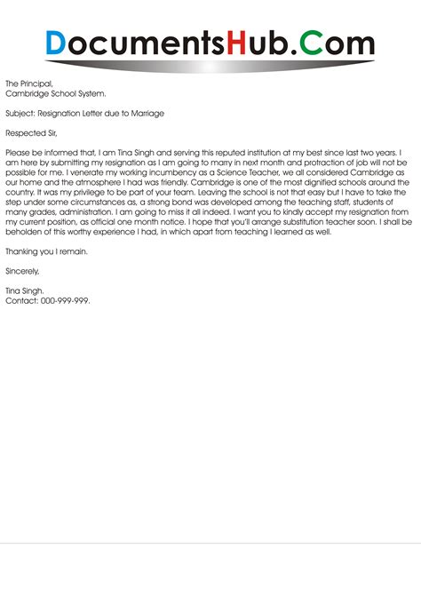 resignation letter due  marriage format documentshubcom