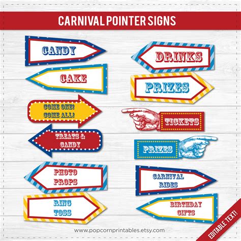 carnival party signs printable editable text  instant