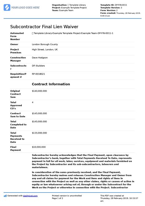 subcontractor lien waiver form sample  form  template