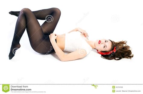 pretty pin up girl in stockings isolated white stock image