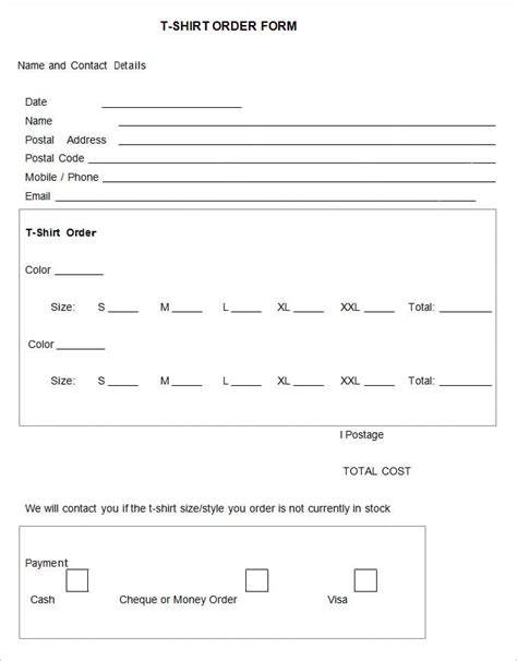 shirt order form template  printable printable templates
