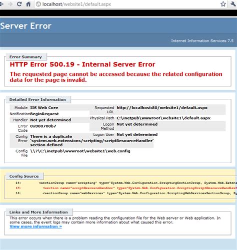 Iis Error Message Screenshot Included Stack Overflow