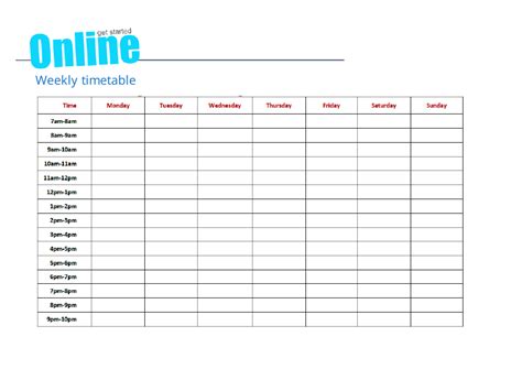 weekly timetable template  sample  printable