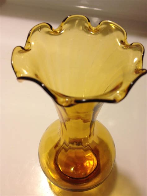 Amber Glass Vase Hand Blown Fluted Rim Ribbed Smooth Pontil Etsy