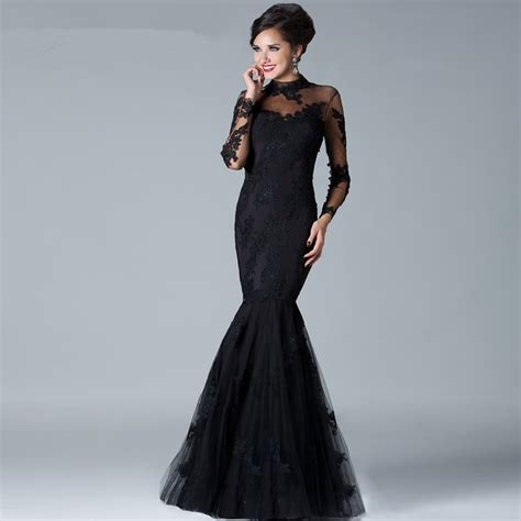 elegant long sleeve lace mermaid high neck wedding black dress in