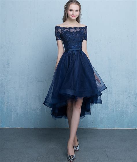 Dark Blue Lace Tulle Short Prom Dress High Low Evening Dress · Little