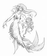 Mermaid Coloring Drawing Pages Drawings Tattoo Bingapis Choose Board Sketch Mother sketch template