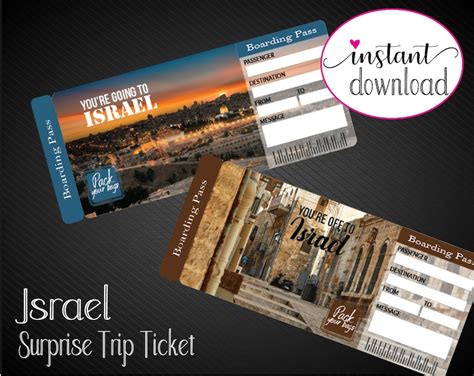 printable israel surprise trip gift ticket boarding pass etsy