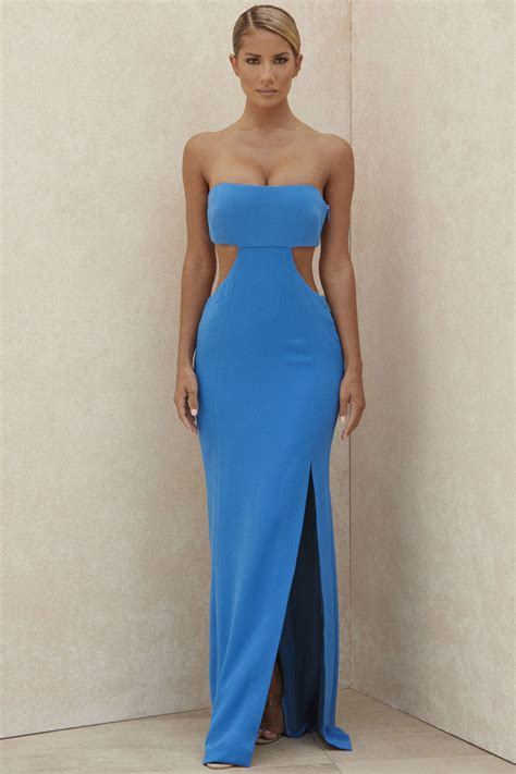 charming strapless cut  high slit maxi prom formal dress blue