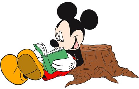 mickey enjoying a good book while laying by the tree stump mickey mouse mickey disney characters
