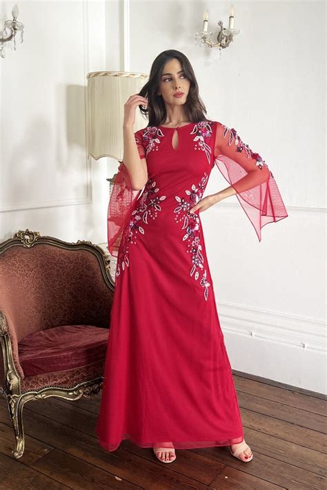 tessa red sheer sleeve maxi gown women from yumi clothing uk