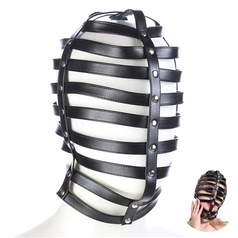 slave leather full head bondage strap hollow hood mask for fetish bdsm