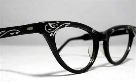 Vintage Cat Eye Glasses Frames Black And Silver With Etched