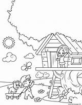 Coloring House Tree Playing Girl Pages Boy Printable Book sketch template
