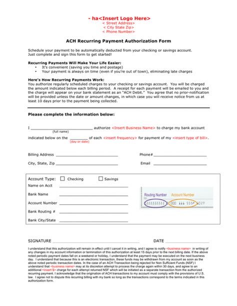 printable printable blank ach authorization form template